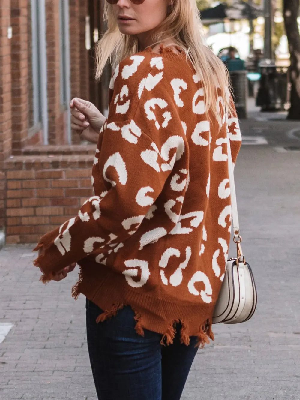 Sleek Leopard Print Long Sleeve Sweater with Frayed Hem - 100% Polyester, Slightly Stretchy