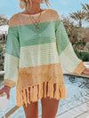 Angel Wings Openwork Tassel Hem Long Sleeve Knit Cover Up Light Green