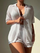 Open Front Half Sleeve Top and Shorts Cover Up Set White