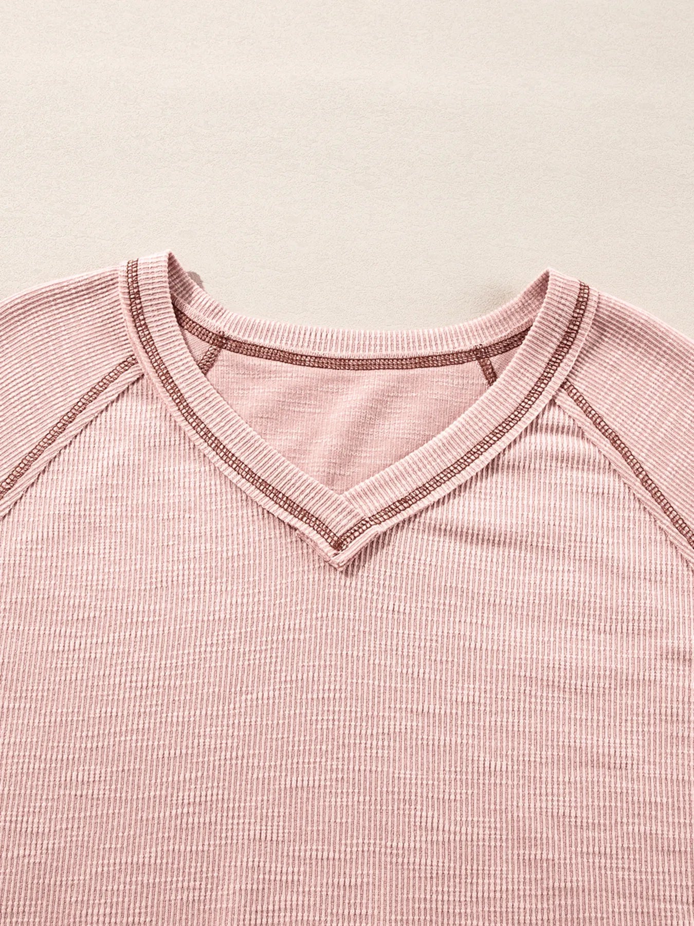 Exposed Seam Ribbed Knit V Neck Top