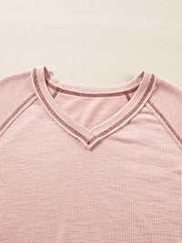 Exposed Seam Ribbed Knit V Neck Top