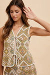 Annie Wear Ethnic Woven Jacquard Tie Front Vest YELLOW GREEN MULTI