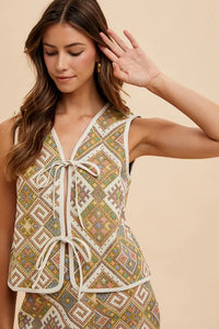 Annie Wear Ethnic Woven Jacquard Tie Front Vest YELLOW GREEN MULTI