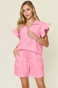 Double Take Full Size Texture Flounce Sleeve Top and Drawstring Shorts Set Carnation Pink