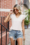 Stylish Eyelet Flutter Sleeve Top with Scalloped V-Neck - Semi-Sheer Casual Blouse - Store 42