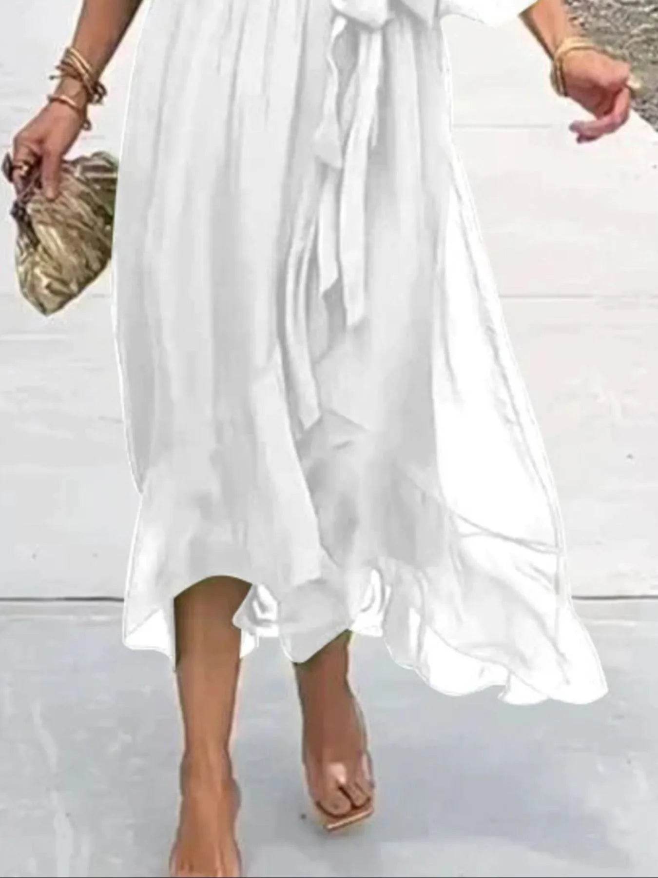 Full Size Flowy Tie Front Midi Dress with Flutter Sleeves Plus Size - Store 42