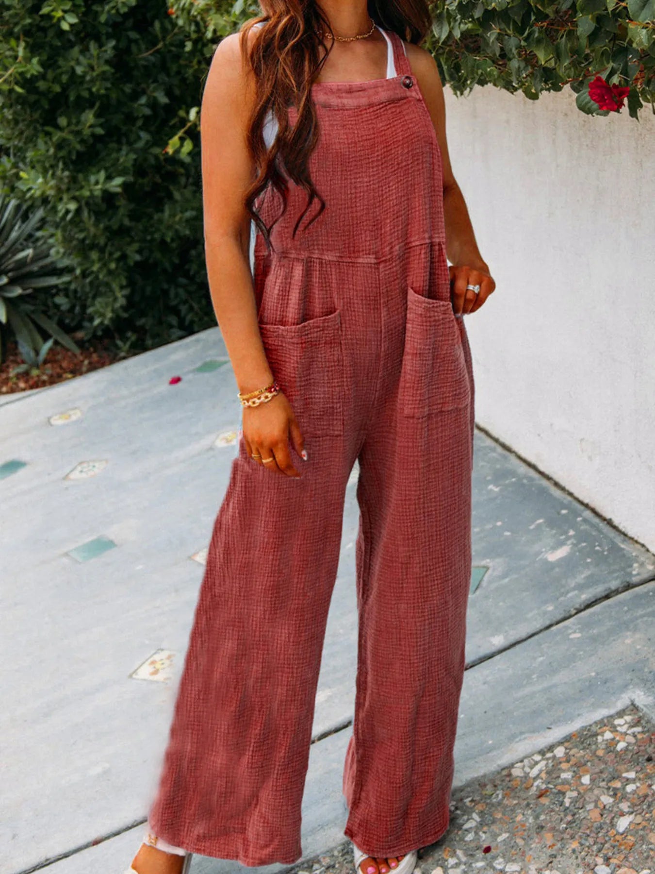 Full Size Casual Wide Leg Textured Overalls Plus Size