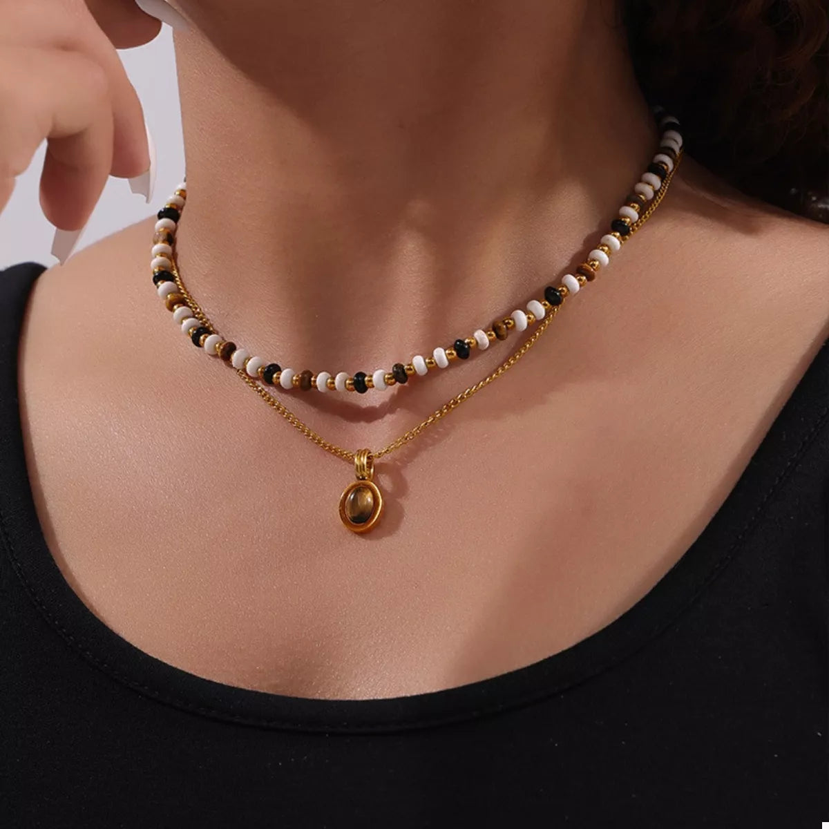 2 Piece Natural Stone and Gold Chain Necklace with Pendant