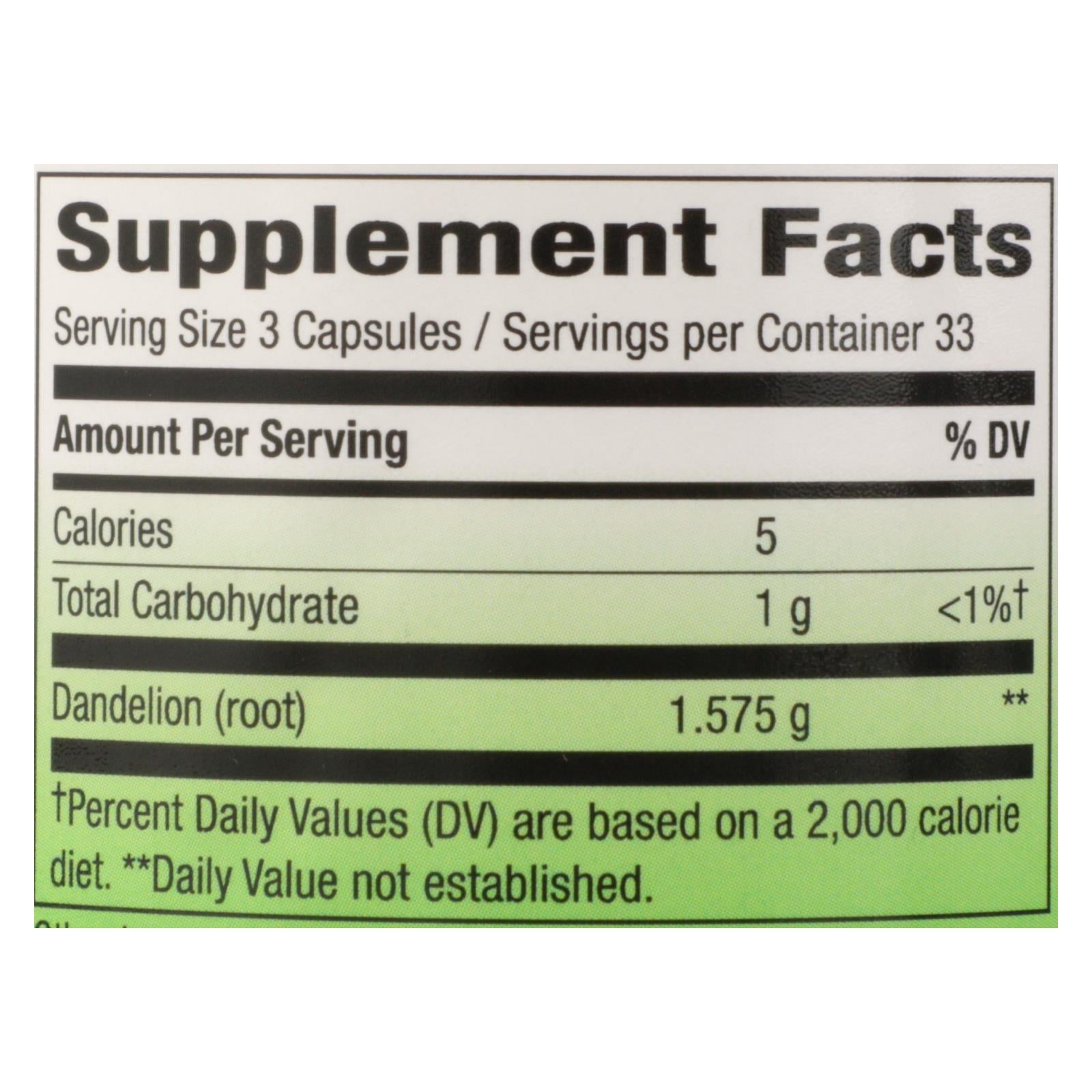 Nature's Way Dandelion Root 525 Mg - 100 Vegetarian Capsules, Gluten-Free Dietary Supplement