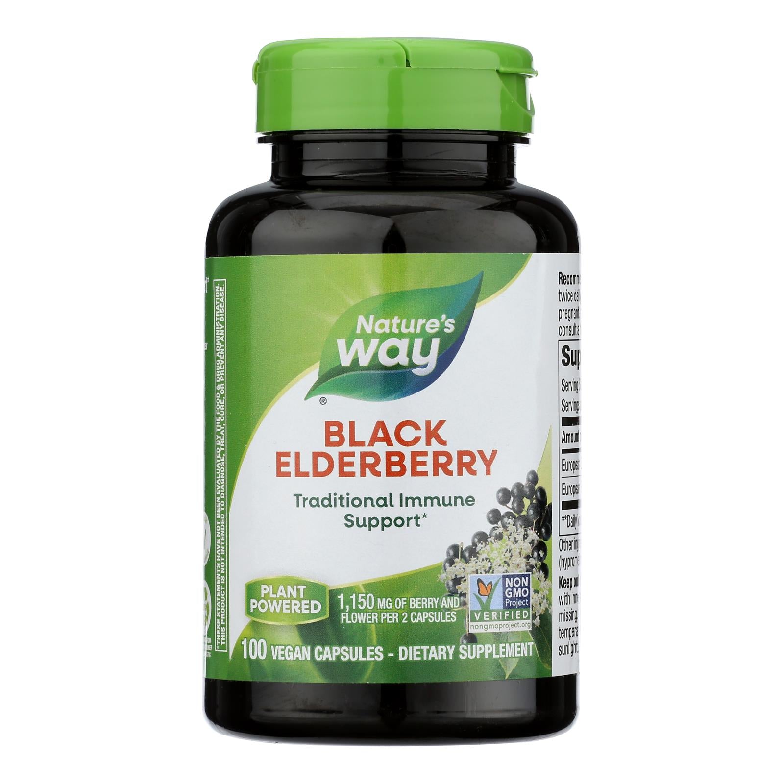 Nature's Way Black Elderberry Capsules - 100% Vegetarian, Non-GMO - 100 Capsules for Immune Support