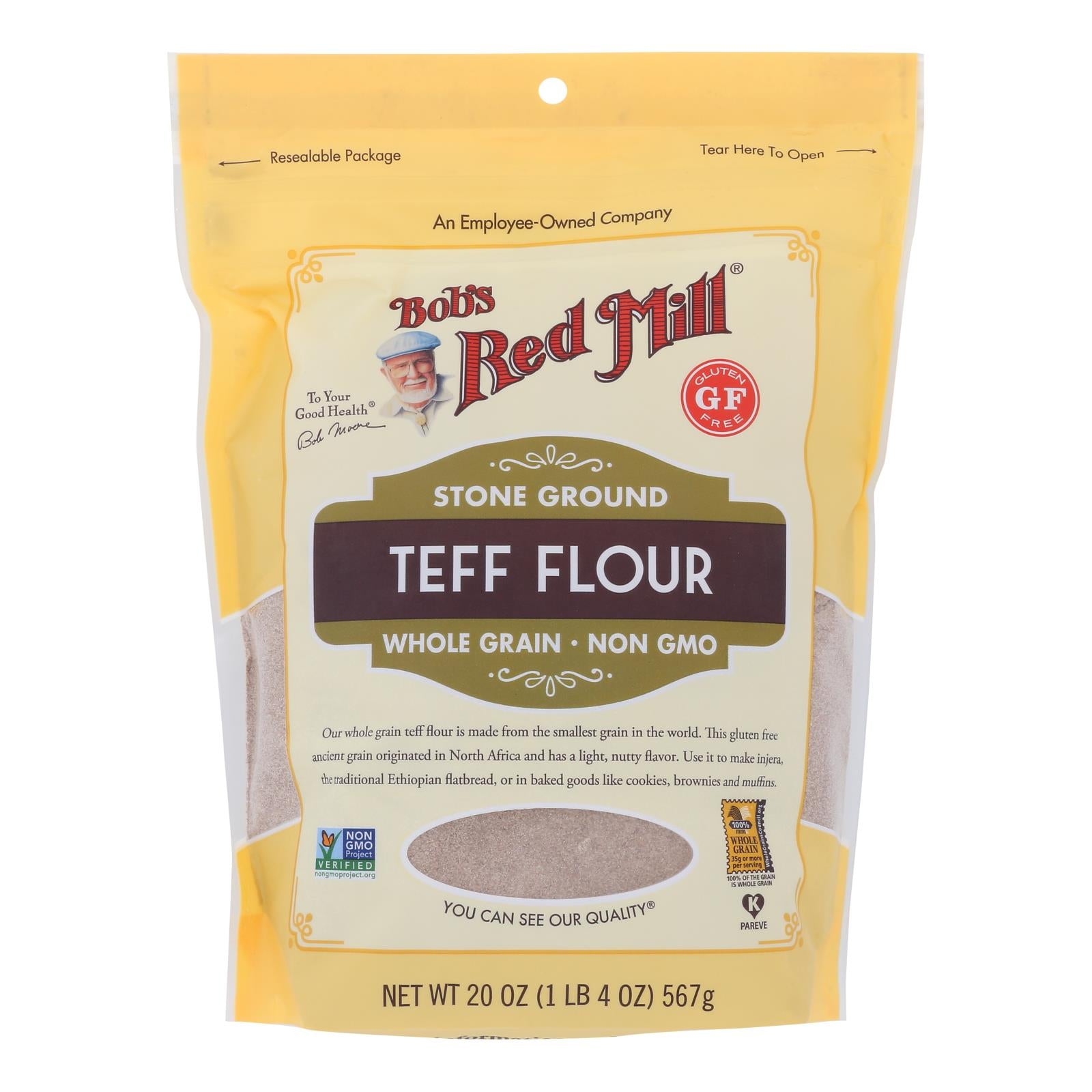 Bob's Red Mill 100% Whole Grain Teff Flour, Gluten Free, Non-GMO, Case of 4 - 20 Oz Bags