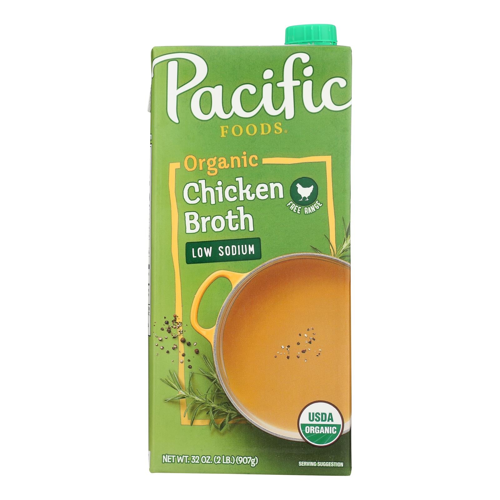 Pacific Natural Foods Free Range Chicken Broth - Low Sodium - Case of 12 - 32 Fl oz.