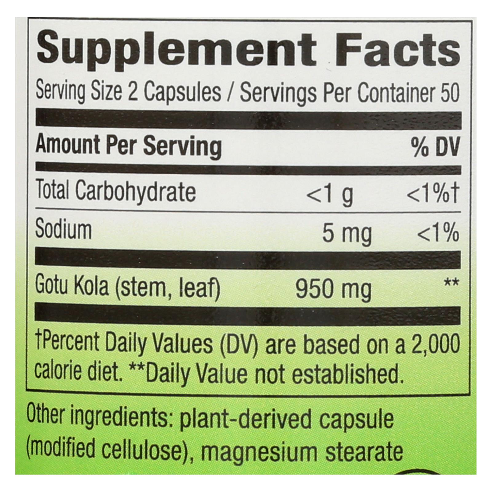 Nature's Way Gotu Kola Herb Capsules - 100% Vegetarian, Non-GMO, Gluten & Allergen-Free - 50 Servings