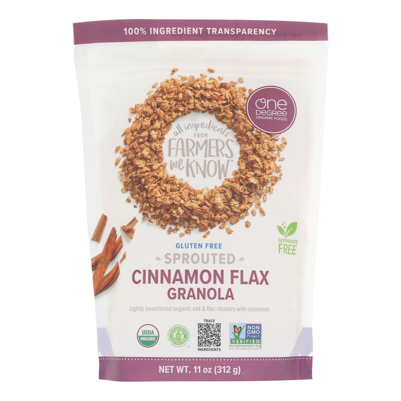One Degree Organic Foods Cinnamon Flax Granola - Sprouted Oat - Case of 6 - 11 oz.