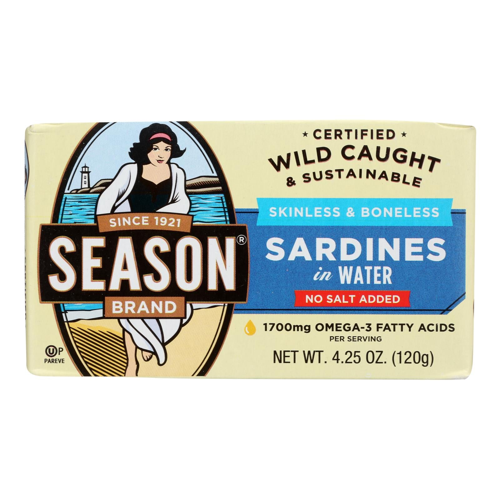 Season Brand Skinless and Boneless Sardines in Water  - No Salt Added - Case of 12 - 4.25 oz.