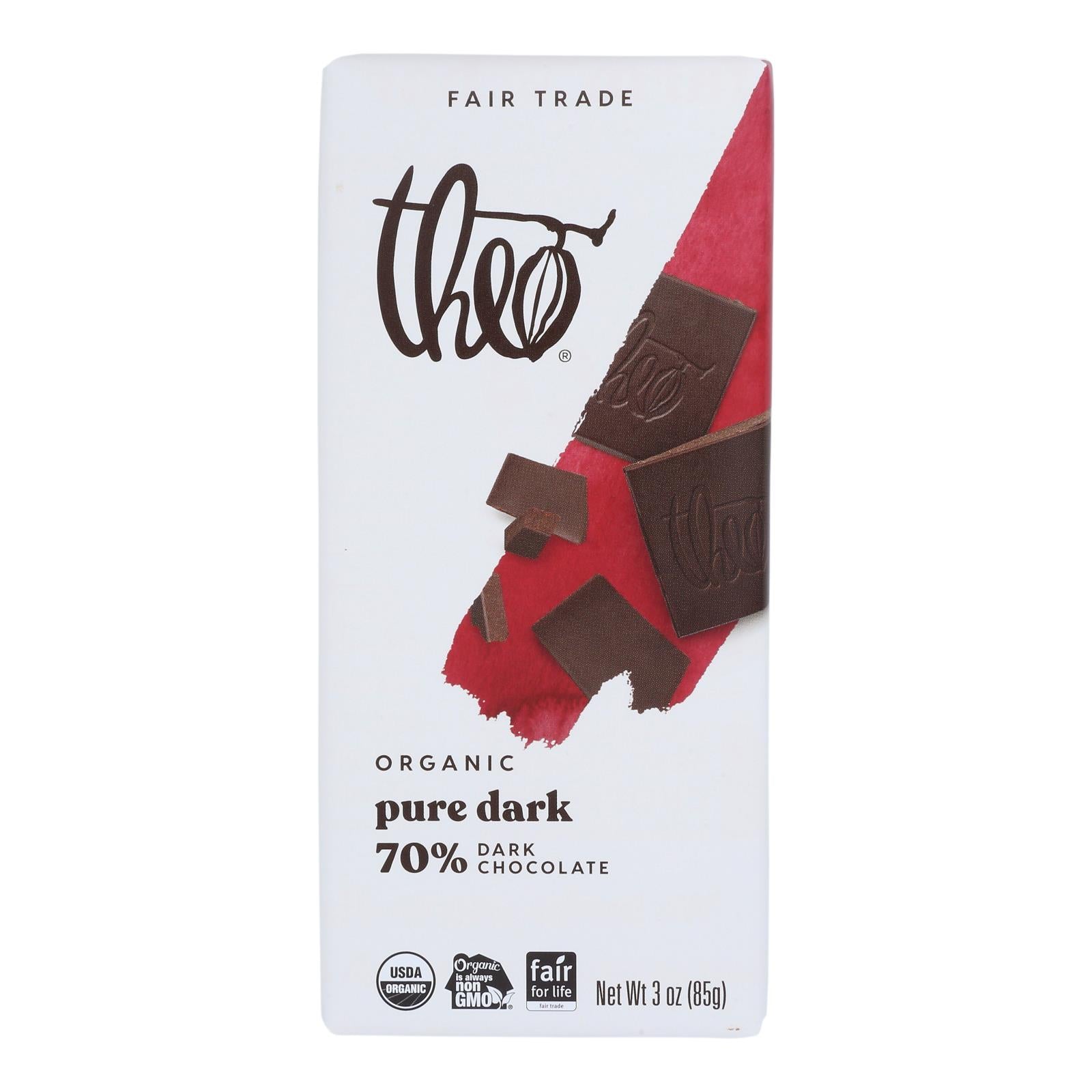 Theo Chocolate Organic Chocolate Bar - Classic - Dark Chocolate - 70 Percent Cacao - Pure - 3 oz Bars - Case of 12