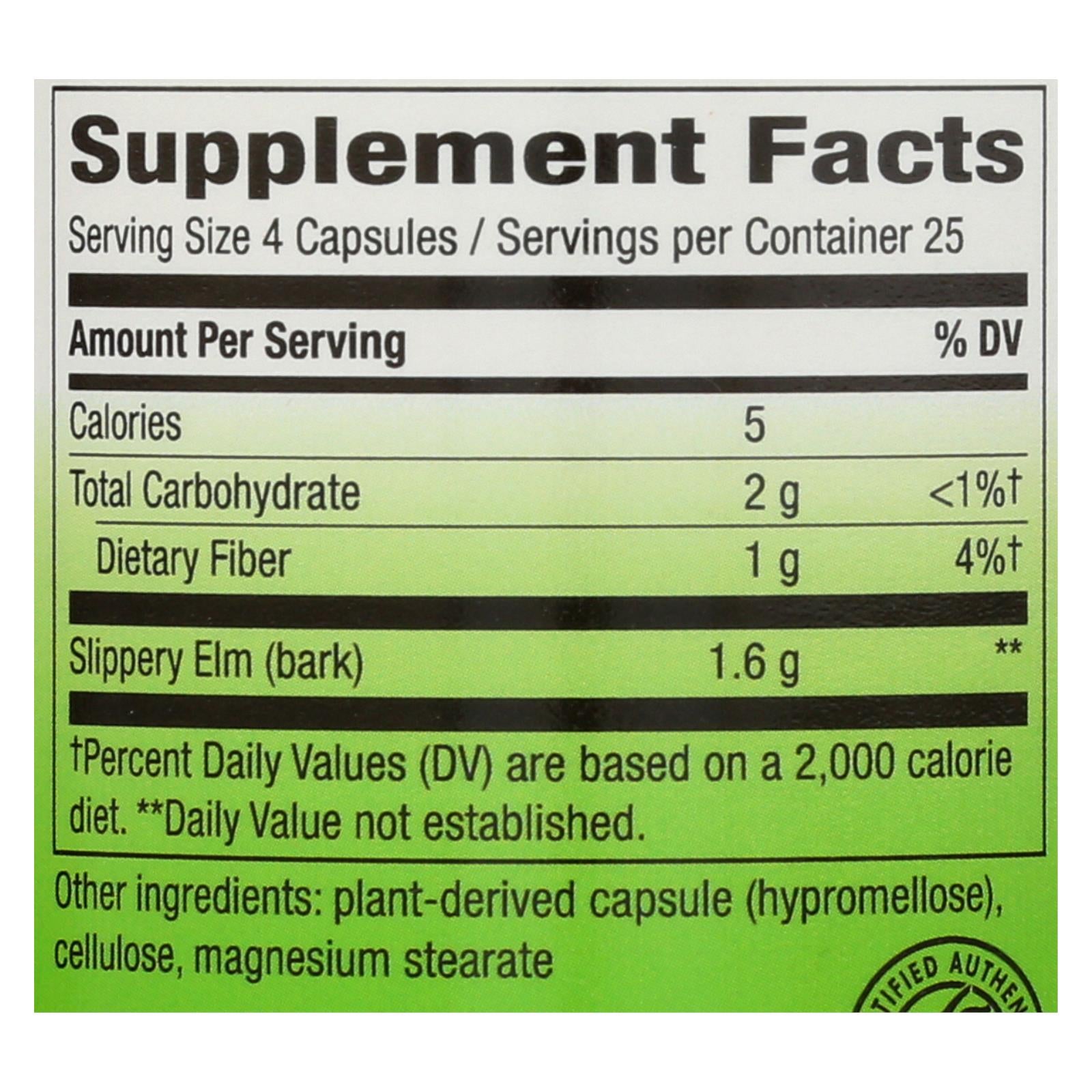 Nature's Way Slippery Elm Bark Capsules - 100 Count, Vegetarian & Gluten-Free Support