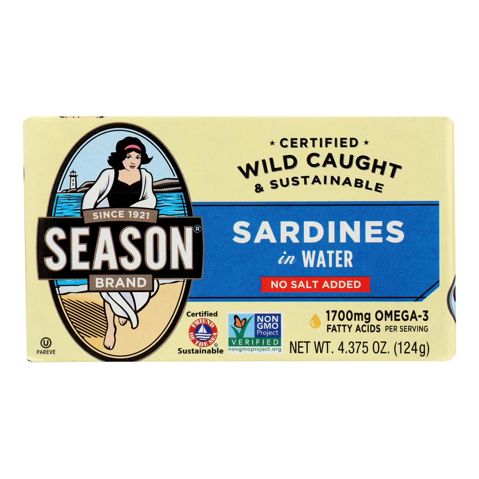 Season Brand Sardines in Water  - No Salt Added - Case of 12 - 4.375 oz.