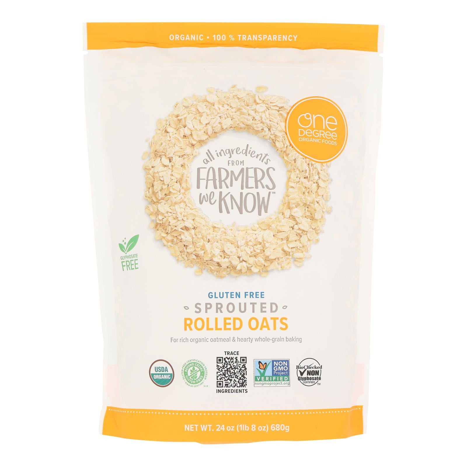 One Degree Organic Foods Organic Rolled Oats - Sprouted - Case of 4 - 24 oz