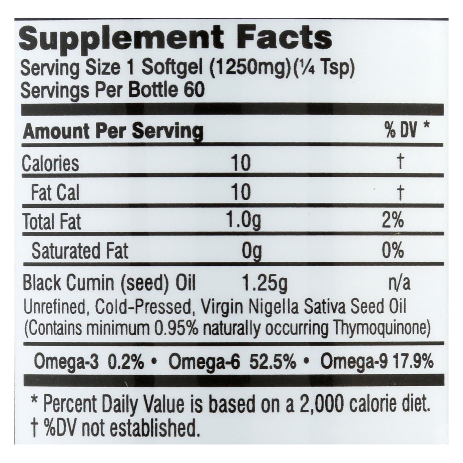 Premium Black Seed Oil Softgel Capsules 1250 Mg - 60 Count, Rich in EFA's, Nigellone & Thymoquinone