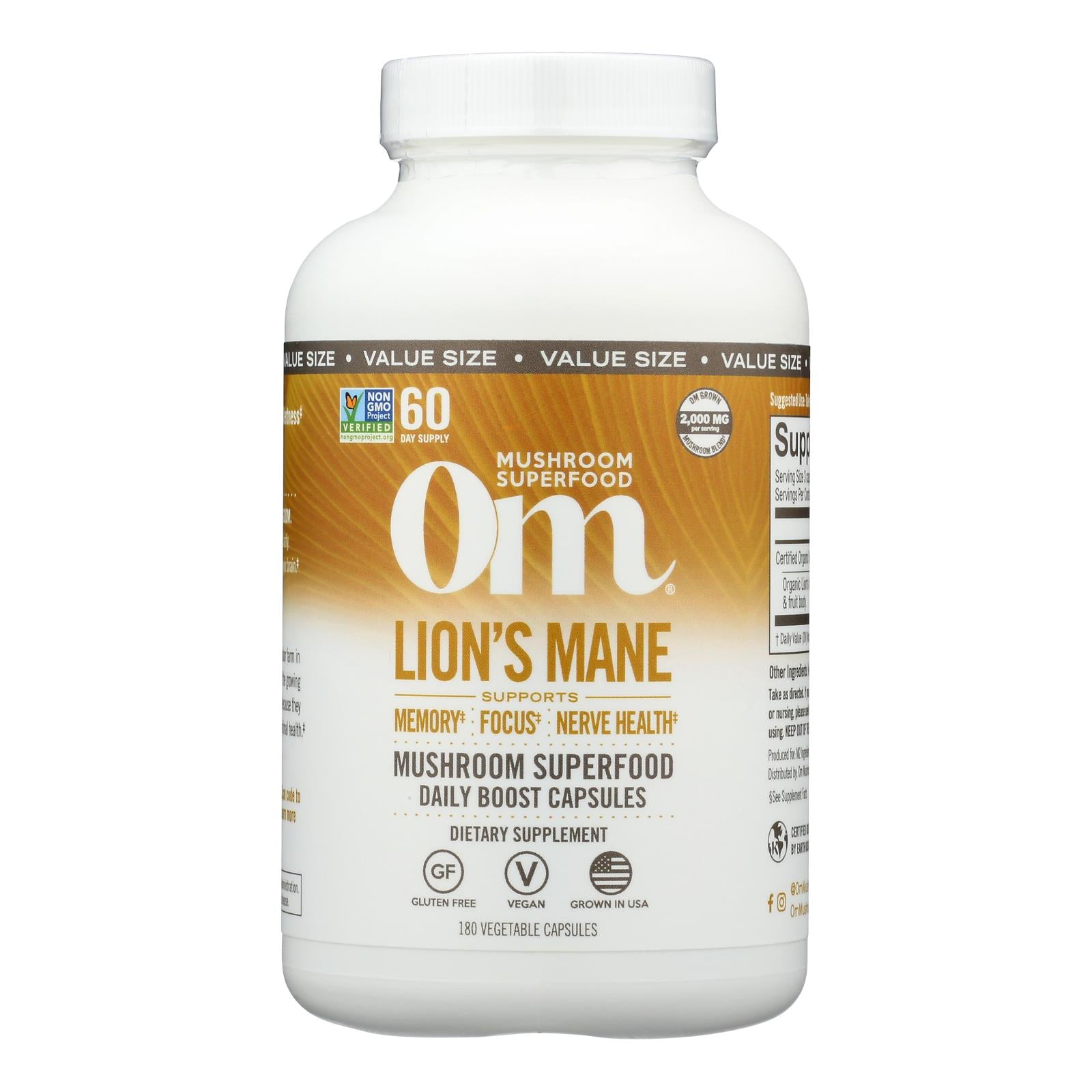 OM Lion's Mane Mushroom Supplement - 180 Count - Natural Cognitive Support & Wellness