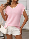 Contrast Trim V-Neck Short Sleeve Knit Top Blush Pink