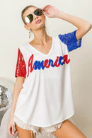 Chic Metallic Letter V-Neck Top with Sequin Sleeves for Glamorous Looks - Store 42