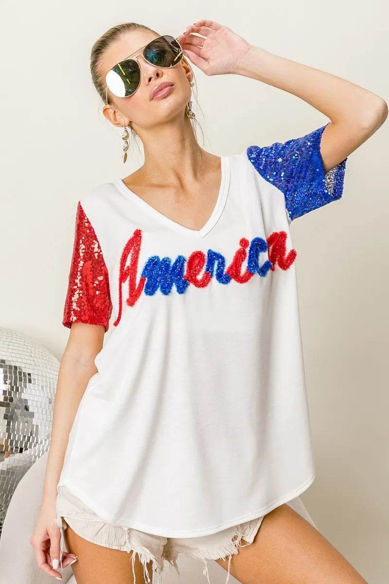 Chic Metallic Letter V-Neck Top with Sequin Sleeves for Glamorous Looks - Store 42