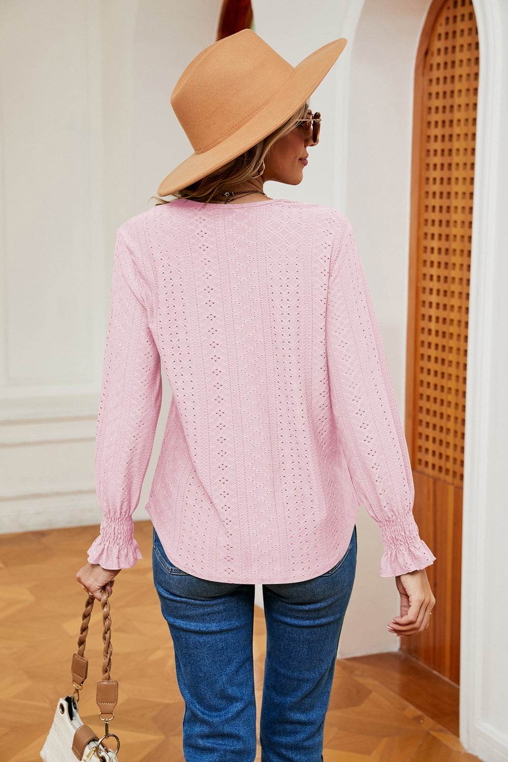 Stylish Contrast Flounce Sleeve Blouse - Opaque, Slightly Stretchy, Perfect for Casual Outings