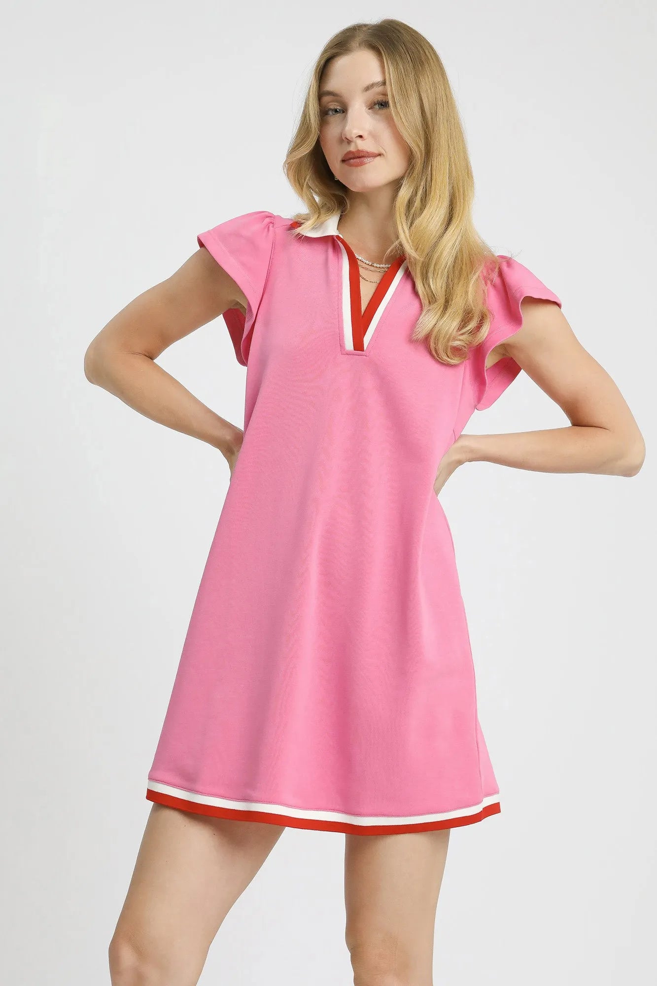 Sporty Pink Mini Dress with Contrast Red and White Trim – Short Cap Sleeves, Cotton Blend Comfort