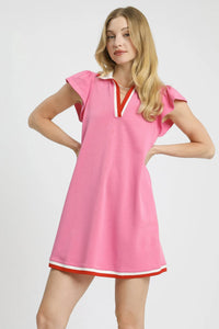 Umgee Contrast Trim Cap Sleeve Mini Dress Pink
