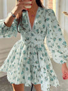 Lace Detail V-Neck Balloon Sleeve Dress Light Green