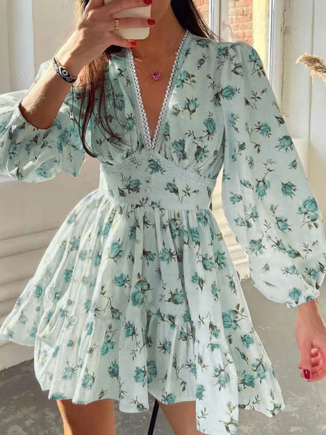 Lace Detail V-Neck Balloon Sleeve Dress Light Green