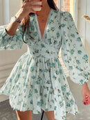 Lace Detail V-Neck Balloon Sleeve Dress Light Green