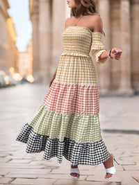 Color Block Plaid Off-Shoulder Maxi Dress