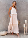 Ruffled Sleeveless Tiered Maxi Dress with Pockets Tan