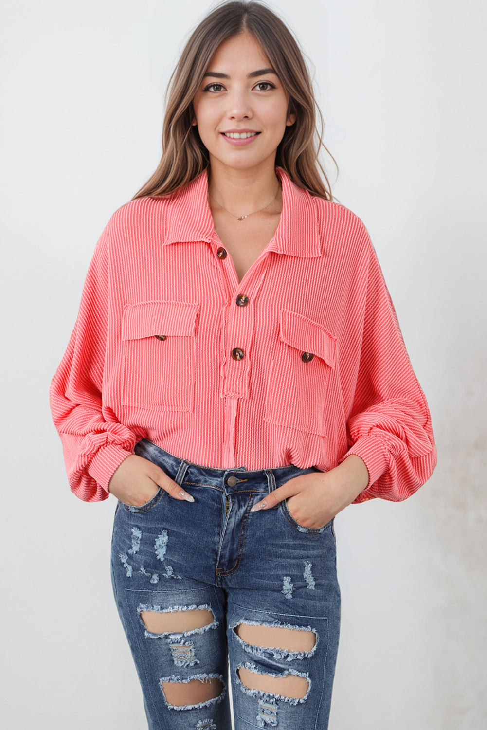 Trendsi Women's Buttoned Collared Long Sleeve Top with Pocket - Slightly Stretchy Opaque Fabric