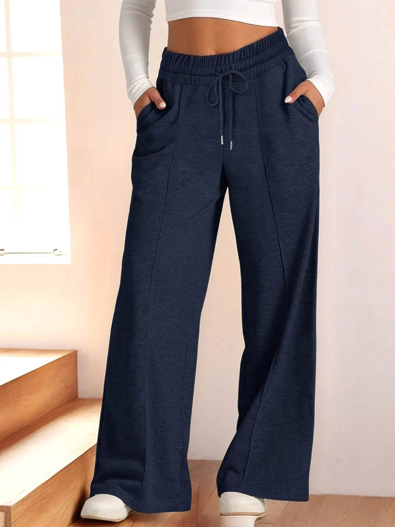 Full Size Drawstring Relaxed Fit Wide Leg Pants Plus Size - Store 42
