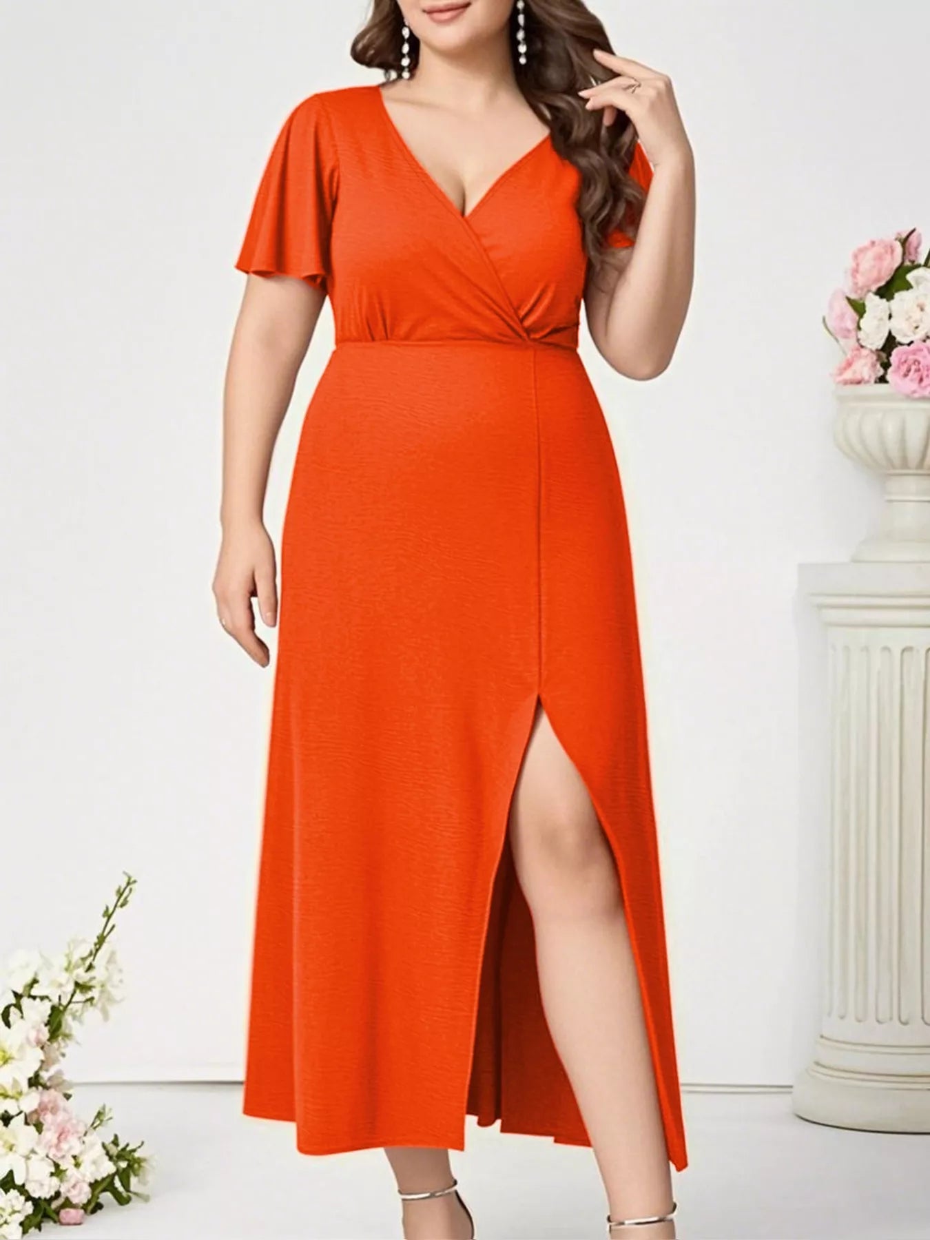 Plus Size Floral Surplice Flutter Sleeve Dress with Slit - 100% Polyester, Elegant Style