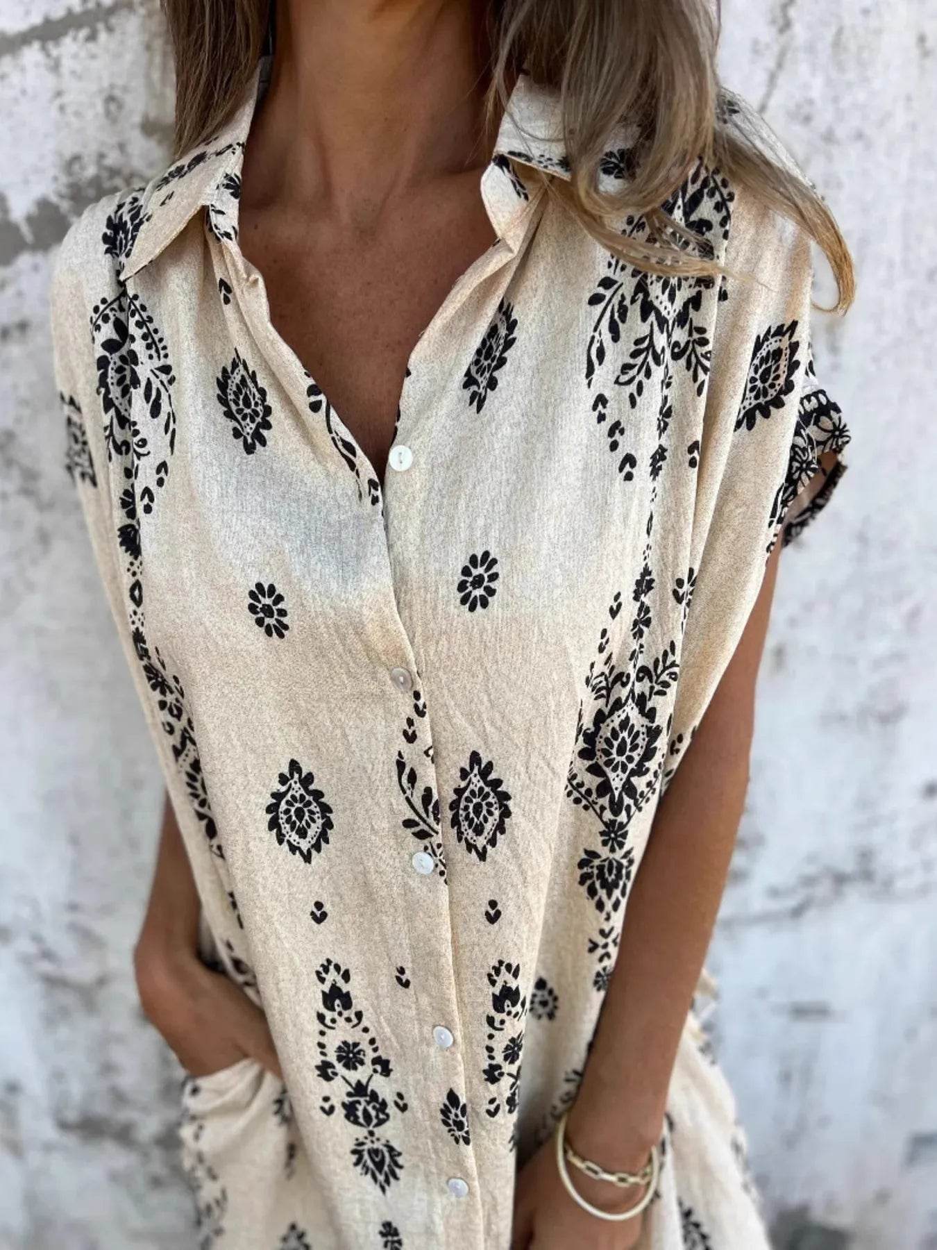 Full Size Printed Short Sleeve Button-Up Shirt Dress Plus Size - Store 42