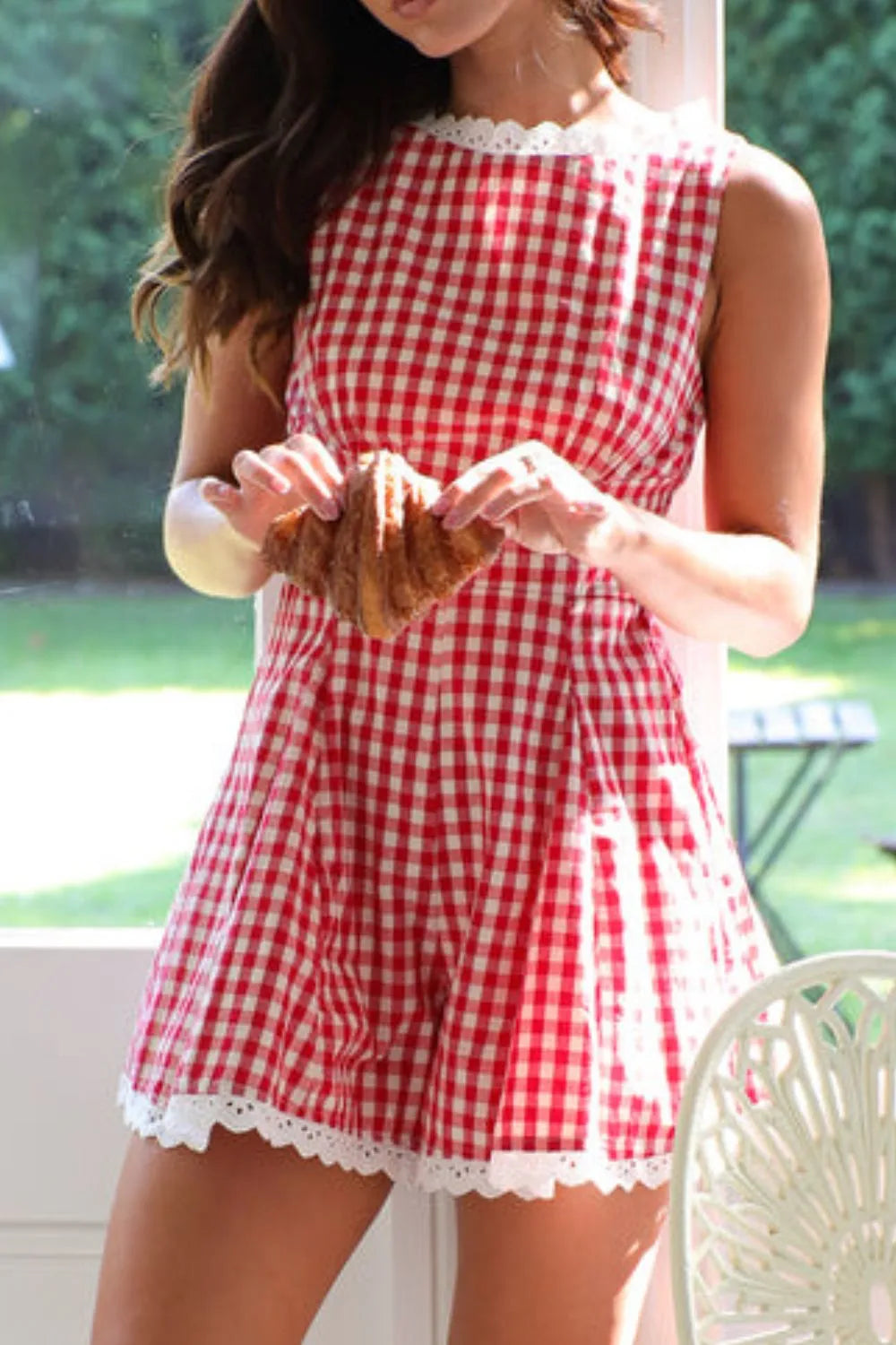 Lace Detail Plaid Sleeveless Romper