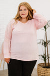 Plus Size Sheer Striped Sleeve V-Neck Top Pink