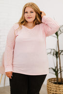 Plus Size Sheer Striped Sleeve V-Neck Top Pink