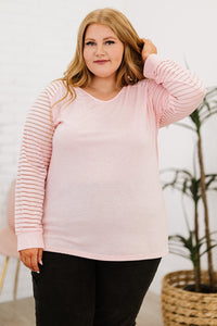Plus Size Sheer Striped Sleeve V-Neck Top Pink