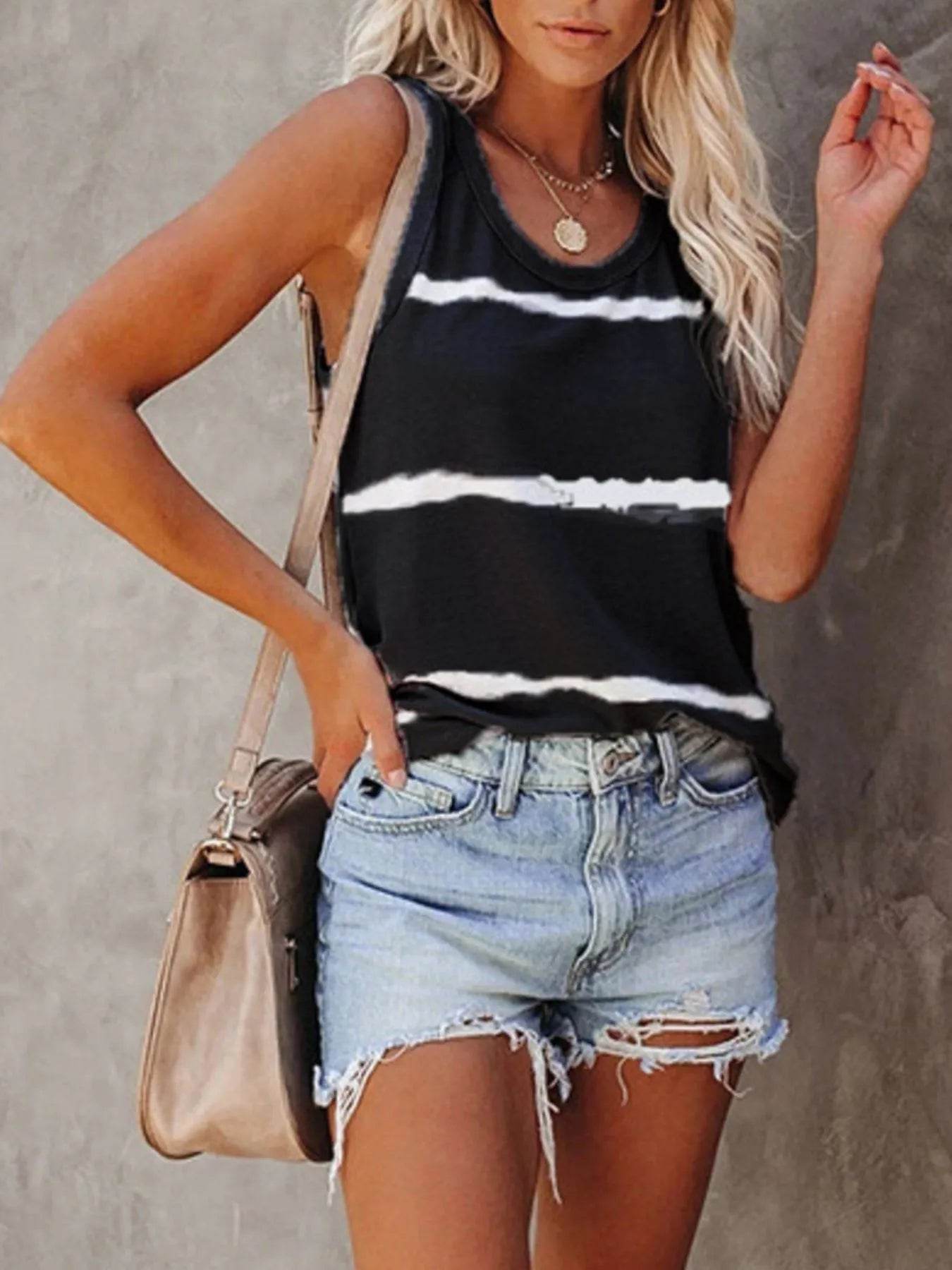 Trendy Full-Size Plus Size Striped Round Neck Tank Top - Slightly Stretchy Polyester Blend - Store 42