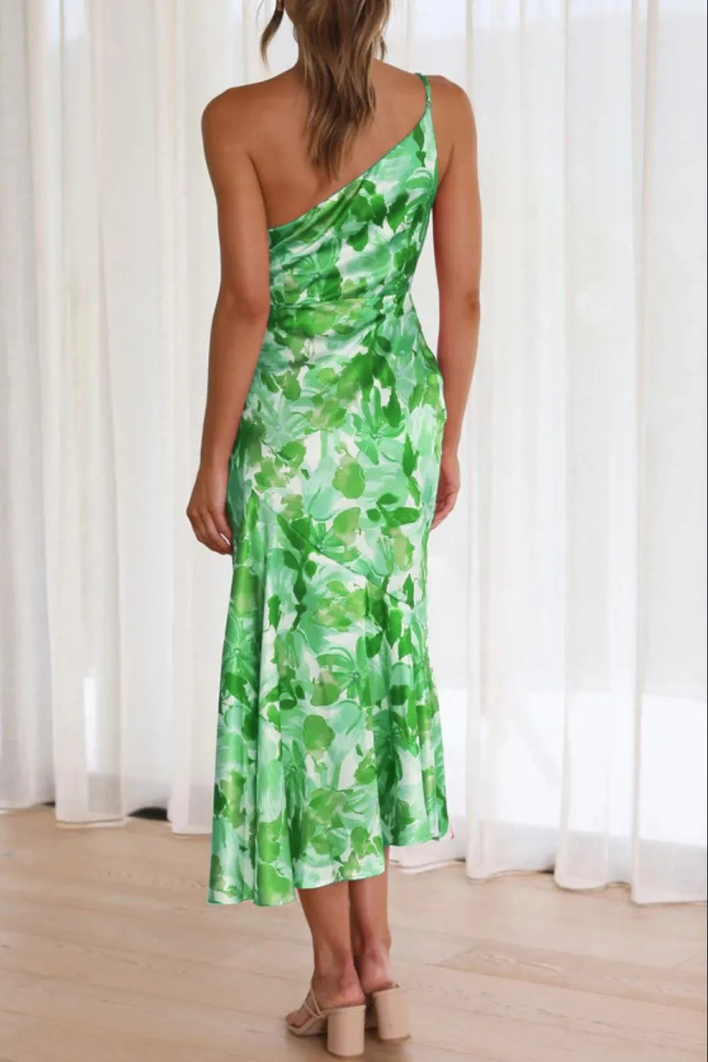 Chic Ruched Printed Midi Dress with Single Shoulder Design - 100% Polyester Opaque Style
