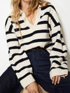 Striped Johnny Collar Long Sleeve Sweater White