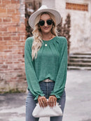 Slightly Stretchy Ruched Round Neck Long Sleeve T-Shirt - Casual Everyday Essential - Store 42