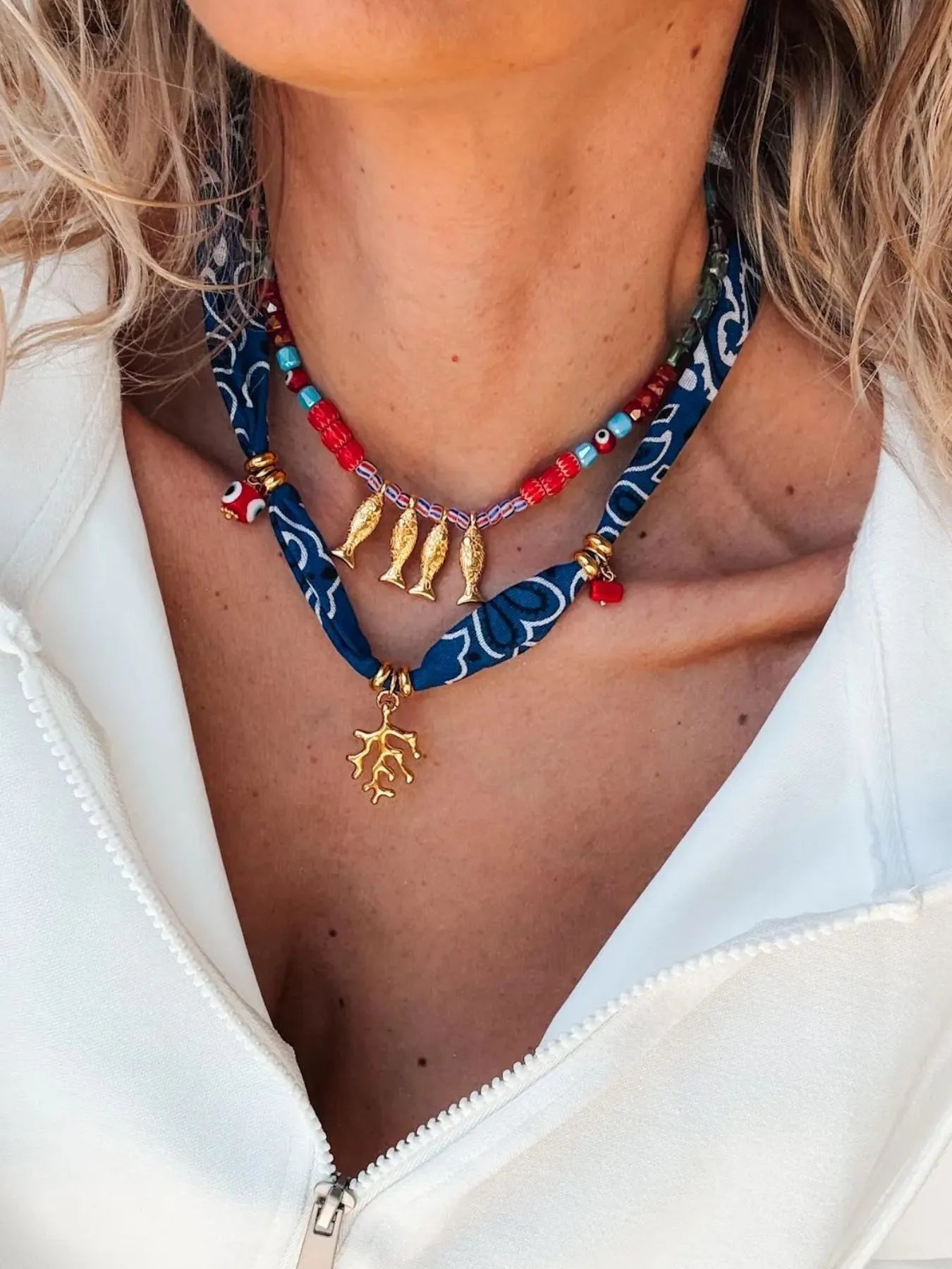 2-Piece Coral And Fish Pendant Necklace - 18K Gold-Plated, Resin & Copper, Unique Beach-Inspired Jewelry