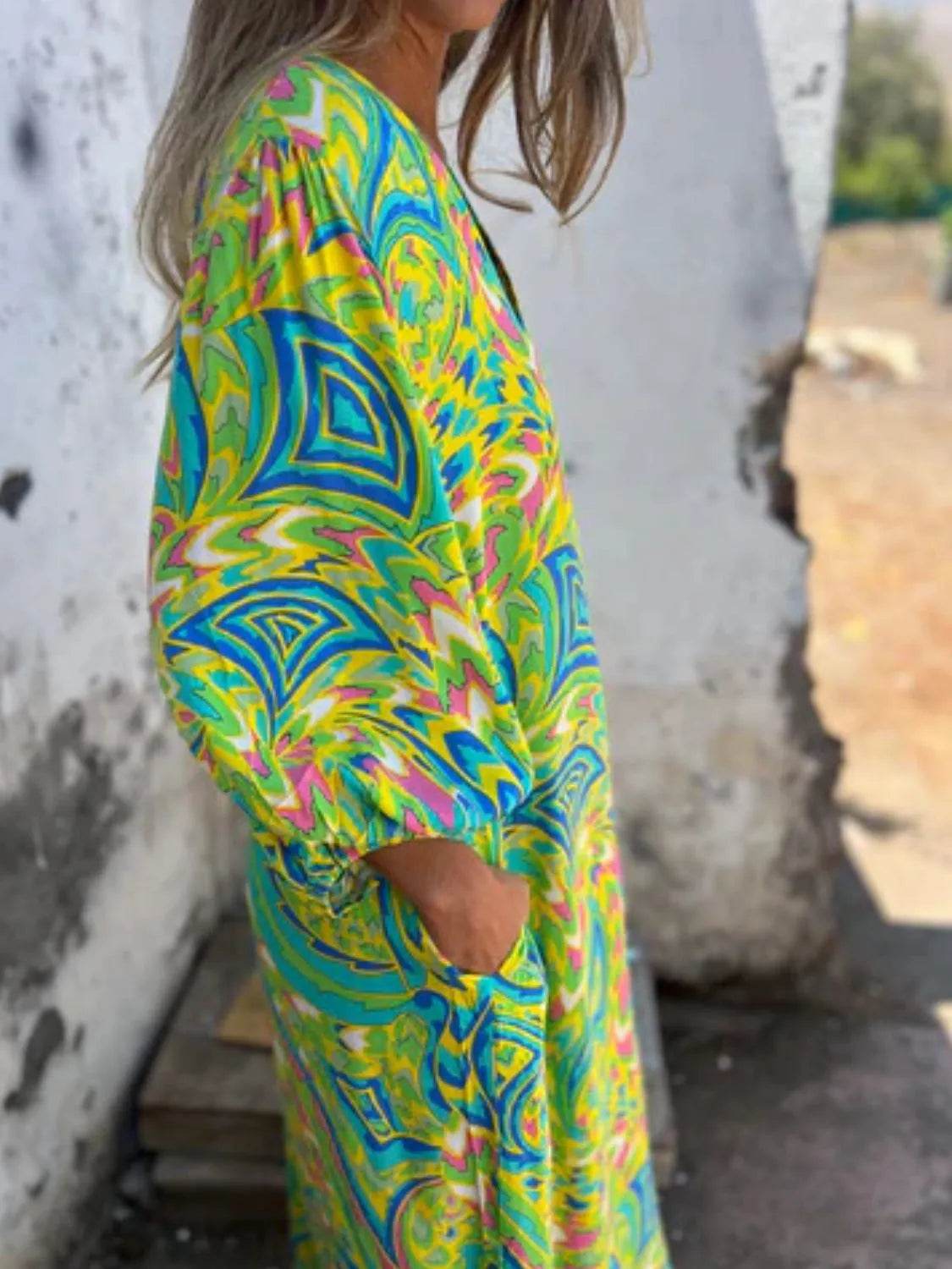 Full Size Printed V-Neck Dress with Pockets Plus Size - Store 42
